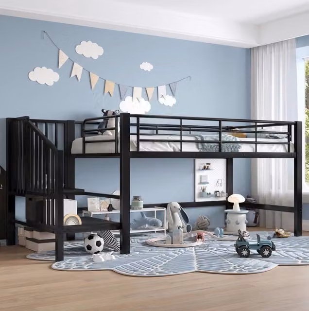 Letto a soppalco 90x200 cm con scala contenitore in metallo e MDF nero