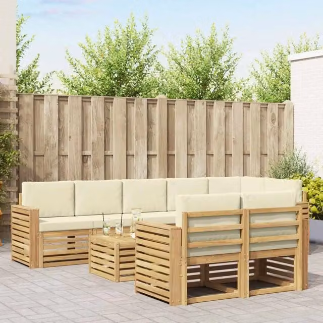 Set di divani da esterno vidaXL in legno di acacia con tavolo da caffè, 9 pezzi, Bianco e Beige – 1