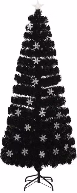 Albero di Natale Nero con Fiocchi di Neve e Luci LED Multicolore in Fibra Ottica, Altezza: 210 cm