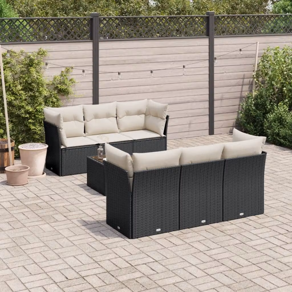 vidaXL Set Divani da Giardino a L con Tavolino e 7 Cuscini in Polyrattan Nero – 1