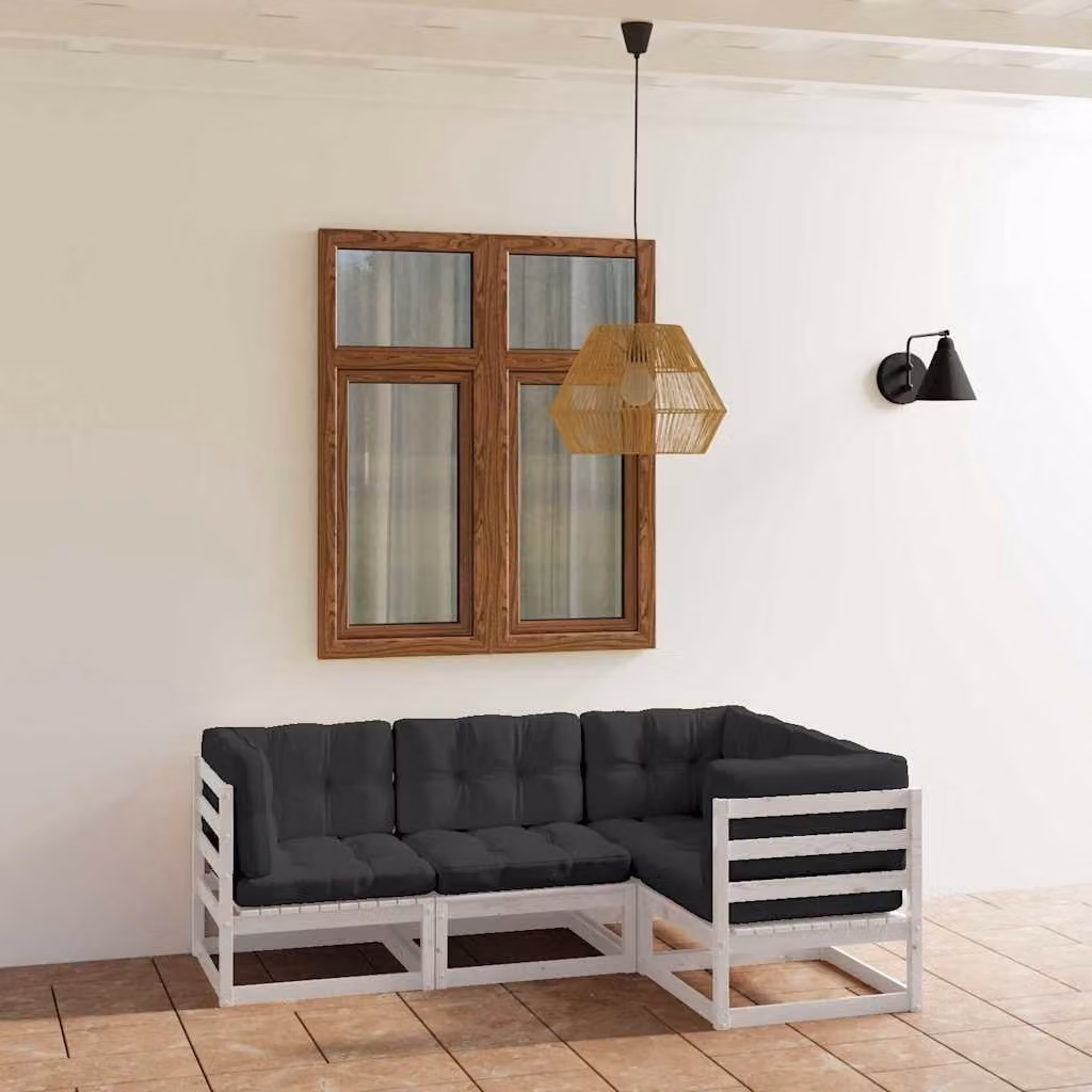 Set di divani da giardino vidaXL a forma di L composto da 4 pezzi in legno massello di pino con cuscini imbottiti in tessuto per esterni disponibile in bianco, antracite o grigio