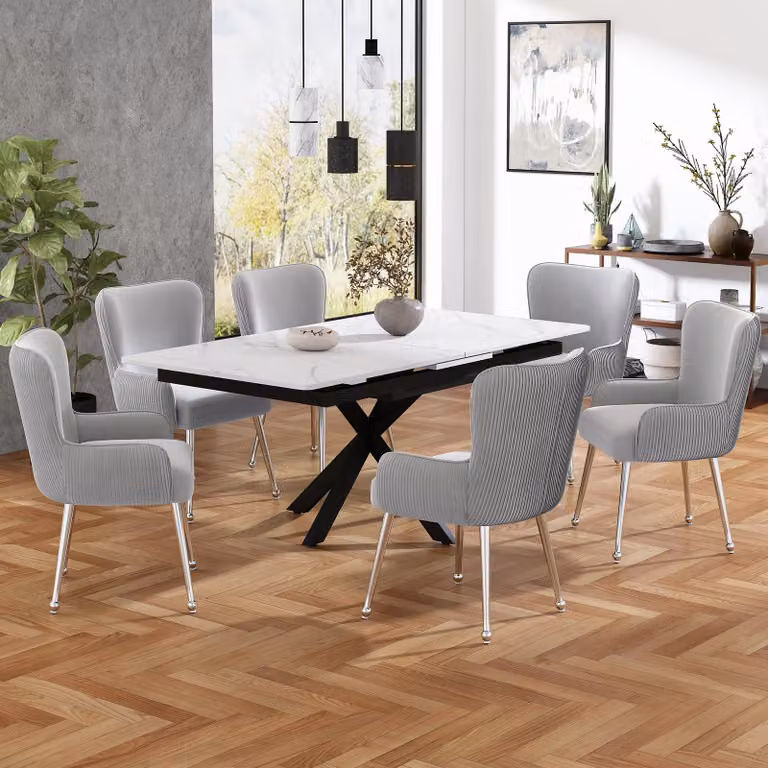 Set di 4 poltrone da pranzo in velluto, lussuose, adatte per soggiorno, camera da letto o area relax. Le poltrone sono dotate di quattro gambe in metallo argentato, braccioli, piedini regolabili, supporto lombare e sono di colore grigio e argento