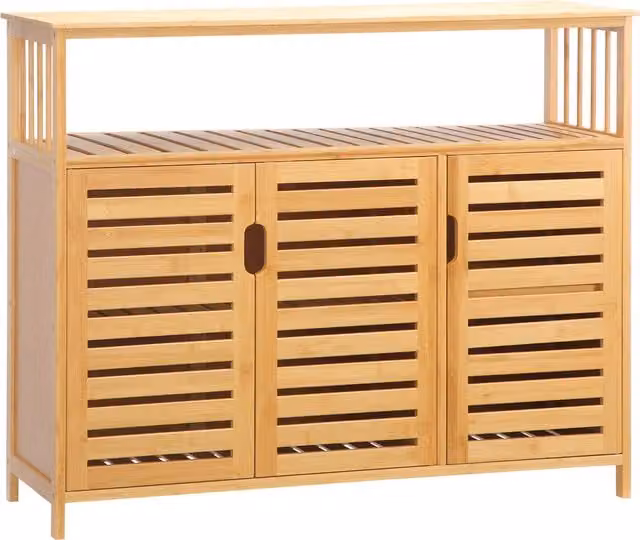 Buffet mobile HOMCOM in legno e bambù marrone con 3 ante a battente e ripiani interni, L: 100 cm, P: 35 cm, H: 82 cm