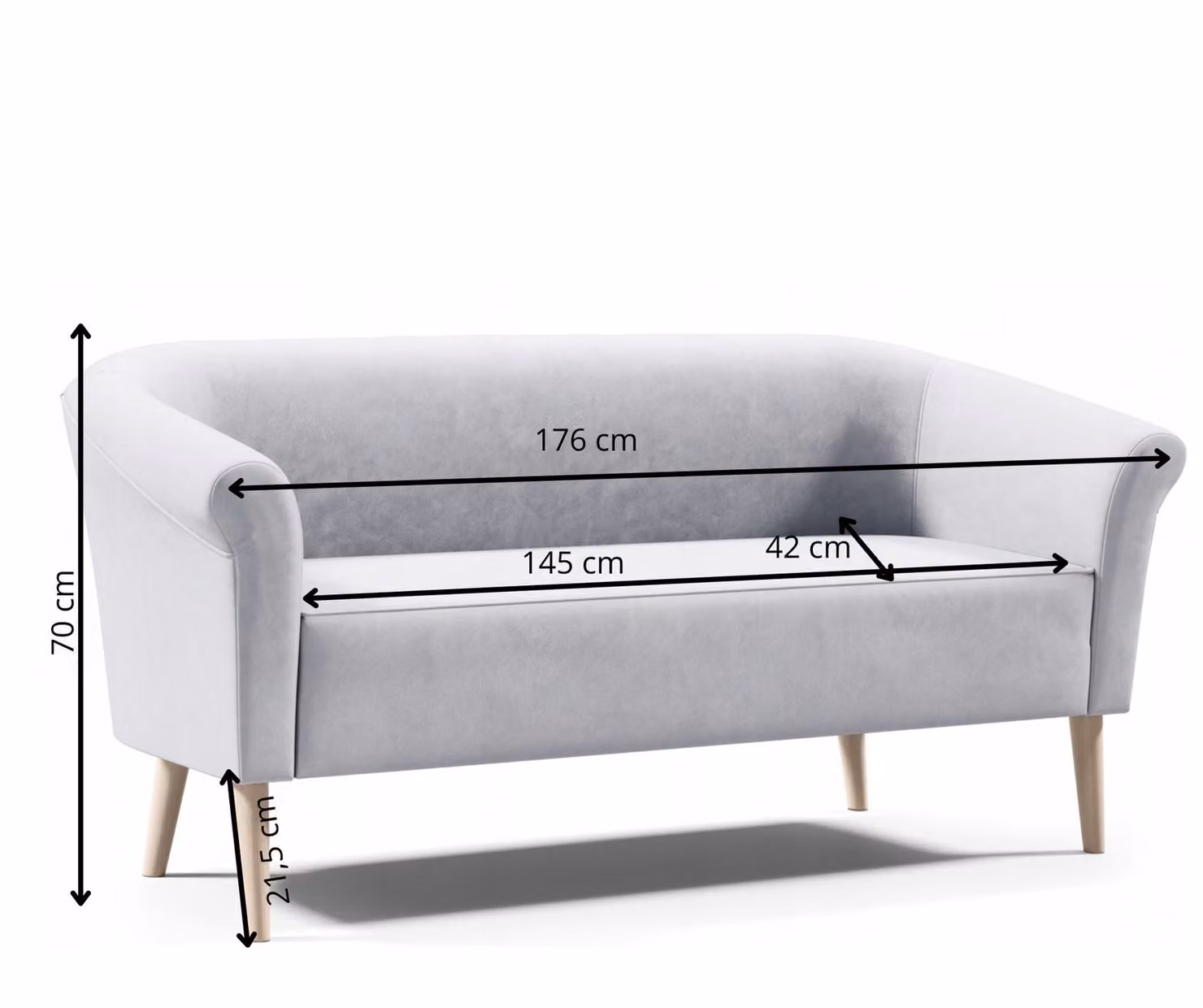 GUTTO, divano scandinavo a tre posti --LILIE--, color grigio chiaro, rivestito in velluto, consegna in 7 giorni. Gambe in legno alto, disponibili in bianco o nero