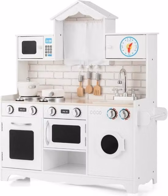 Set cucina giocattolo per bambini in legno e plastica con lavatrice e piano cottura, Bianco