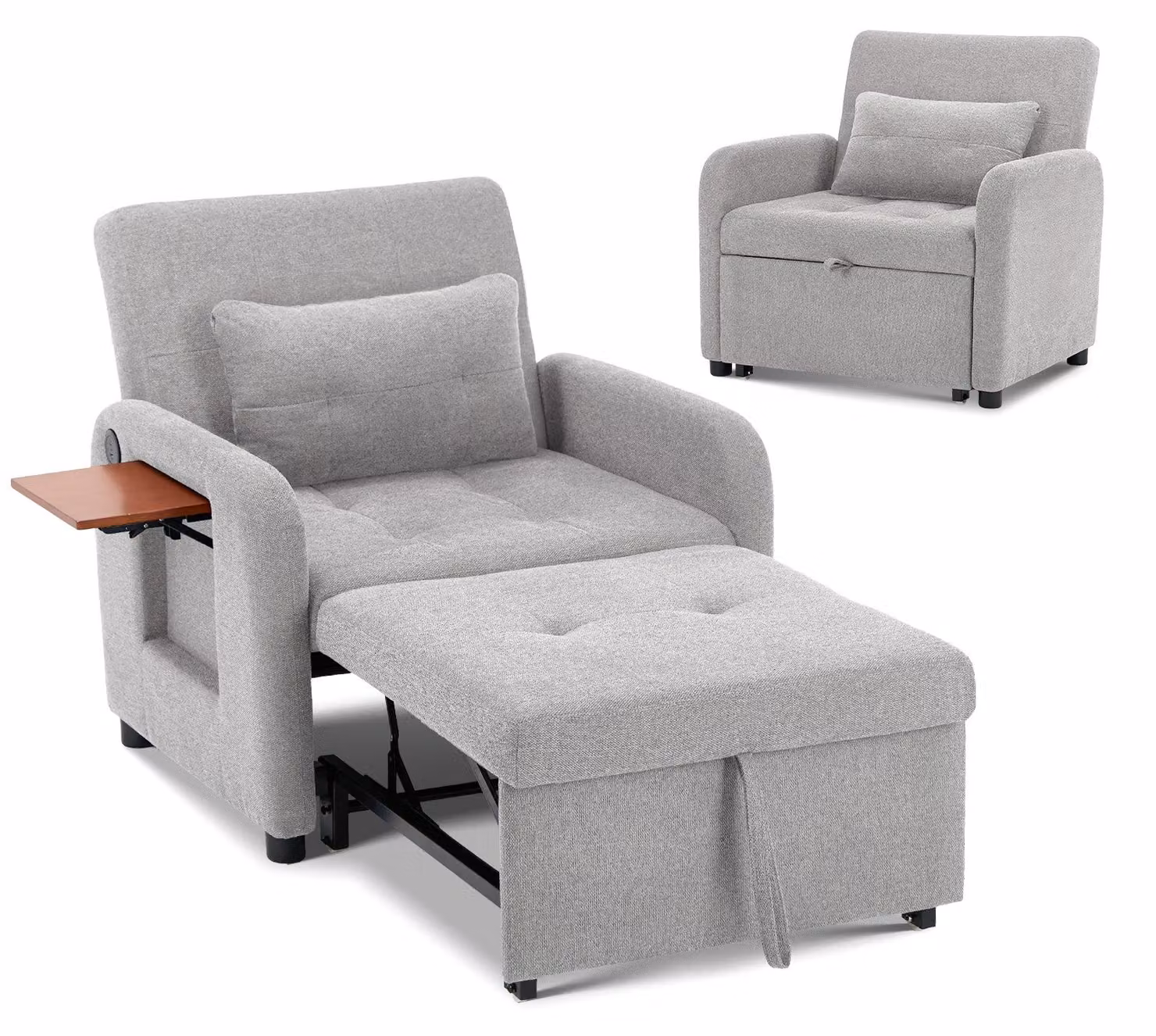 Divano letto pieghevole grigio chiaro – tessuto multifunzionale, trasformabile da seduta a letto, con porta USB, tavolino pieghevole, cuscino e schienale regolabile