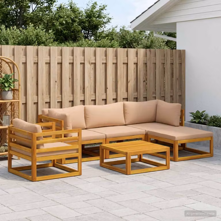 Set di divani da giardino vidaXL in legno di acacia massello con cuscini beige e marrone, composizione a L con elemento angolare, pouf e tavolino da esterno