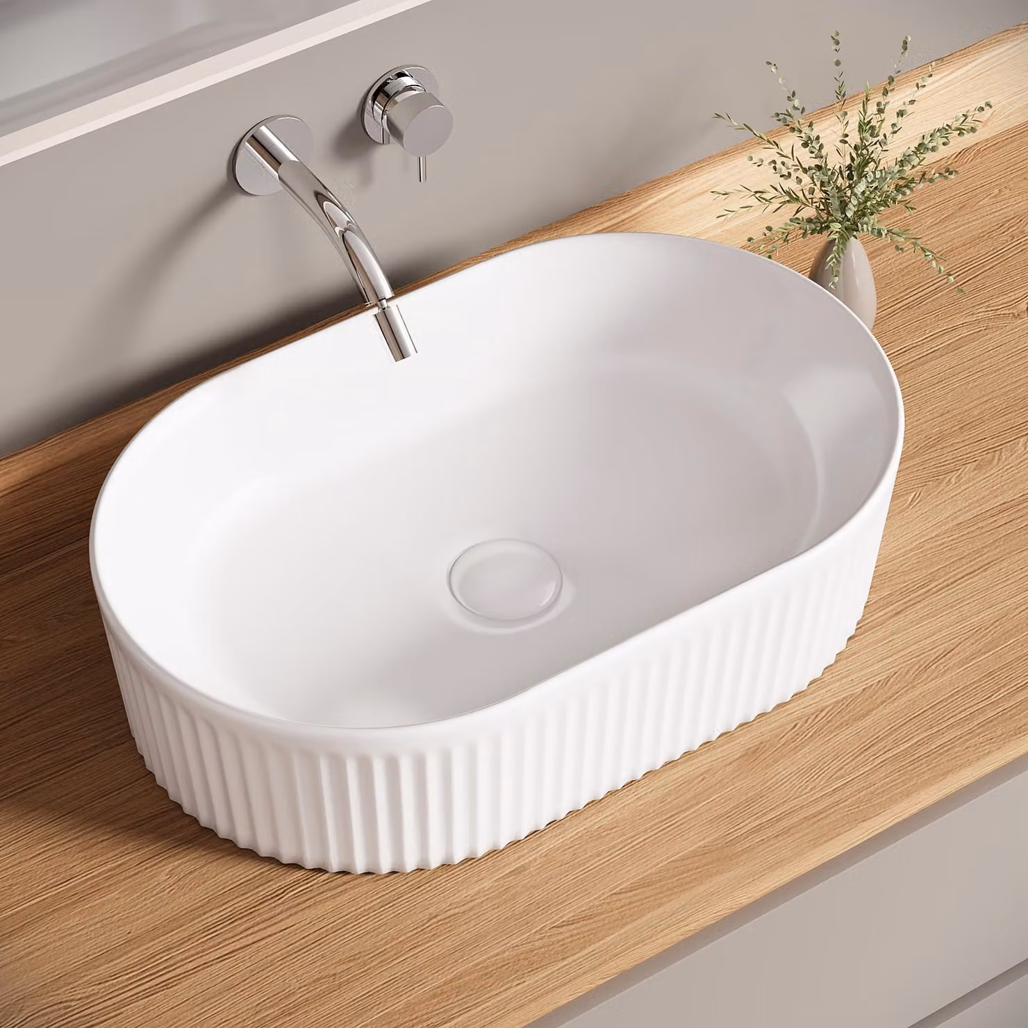 Lavabo da appoggio ovale in Vetroceramica bianca, con tappo a scomparsa