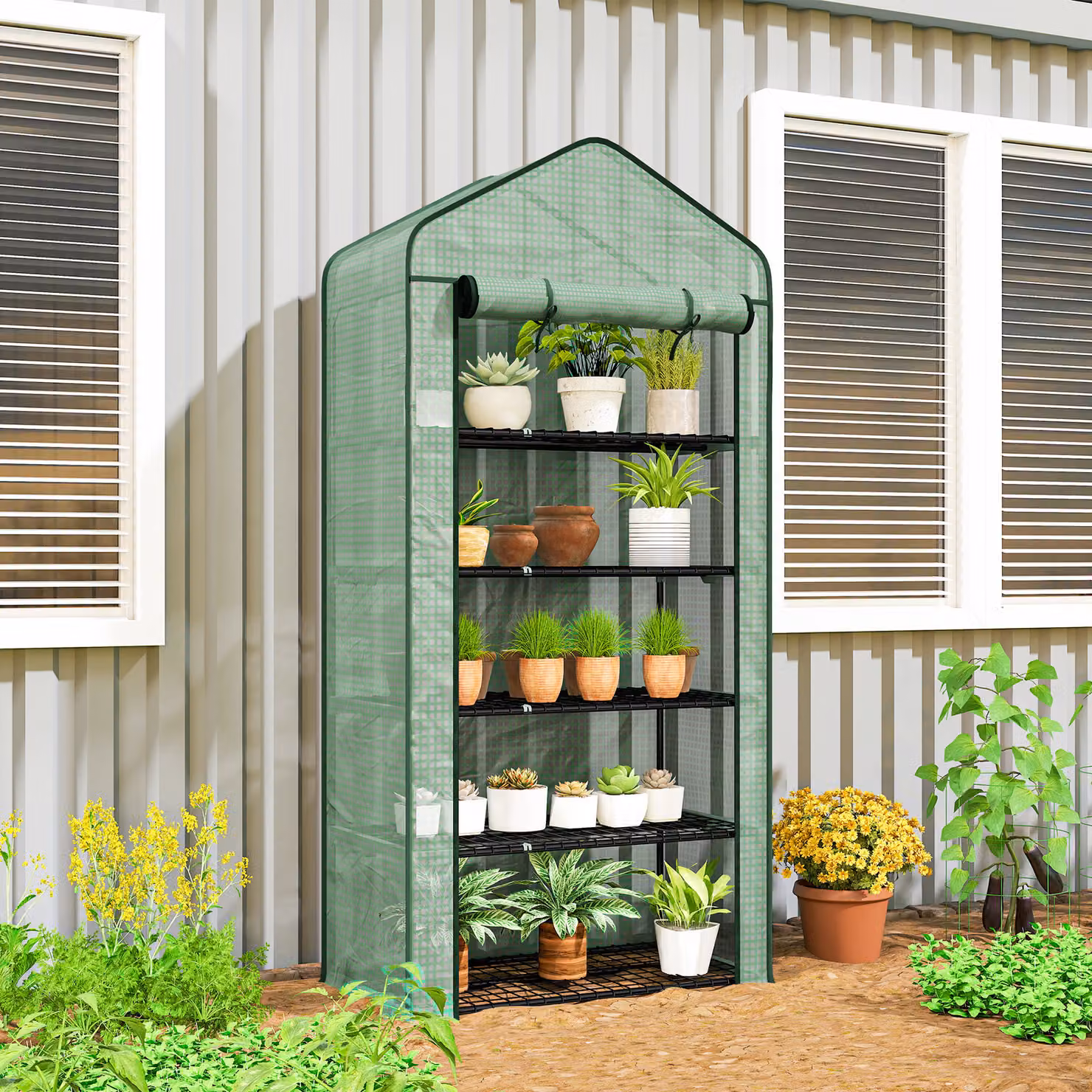 Serra da giardino Outsunny per orto a 5 livelli con ingresso avvolgibile, in acciaio e polietilene, Verde, L/P/H: 90 x 49 x 193 cm – 2