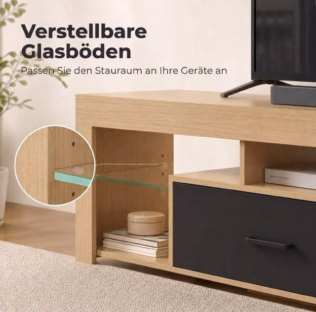 Mobile TV in truciolato e melaminico con ripiani in vetro regolabili, per TV fino a 65", design moderno in rovere e nero, larghezza 140 cm