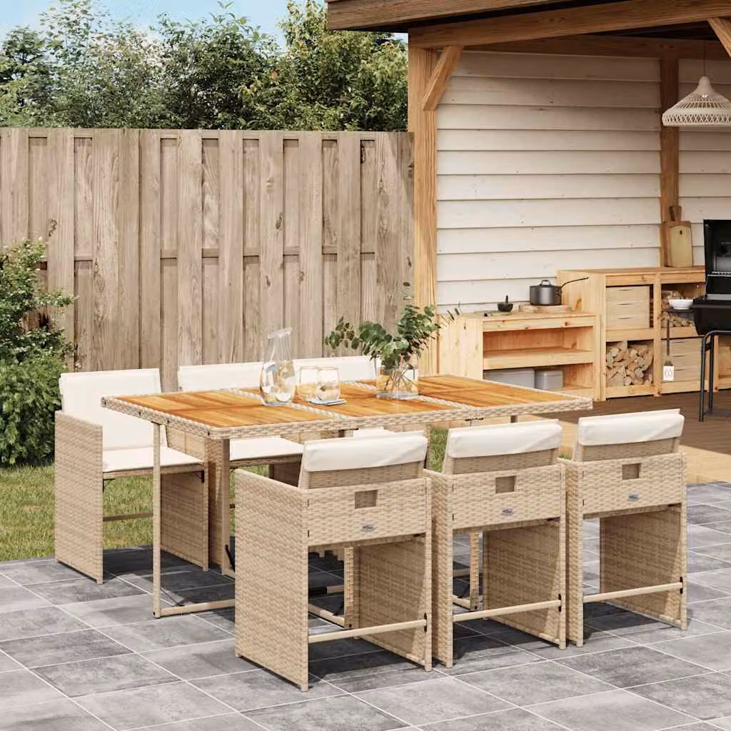 Set da pranzo da giardino vidaXL in polyrattan con cuscini beige e legno di acacia, 7 pezzi – 1