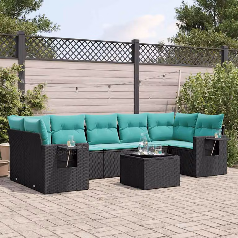 Set di divani da giardino vidaXL in polyrattan nero con cuscini e tavolino da esterno a forma di L per 8 persone