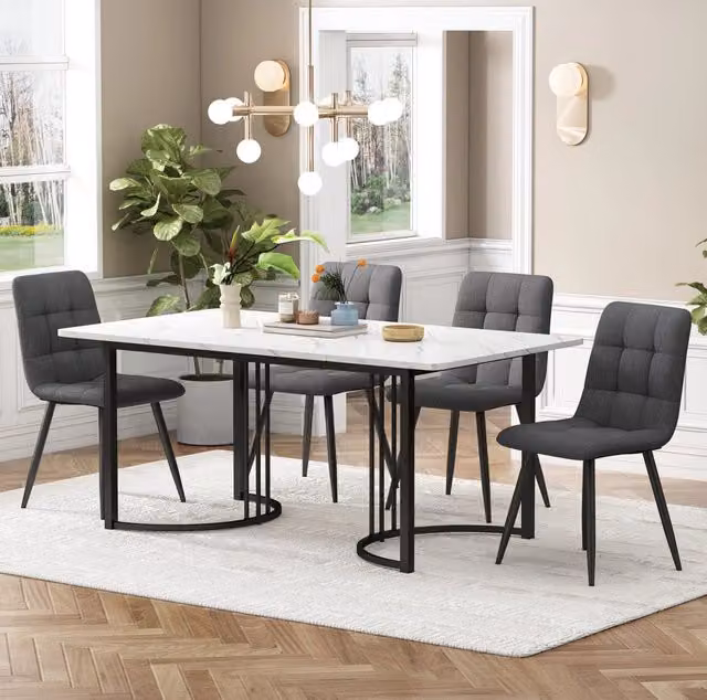 Set sala da pranzo 140x80 cm tavolo con 4 sedie e piedi regolabili; MDF e metallo bianco