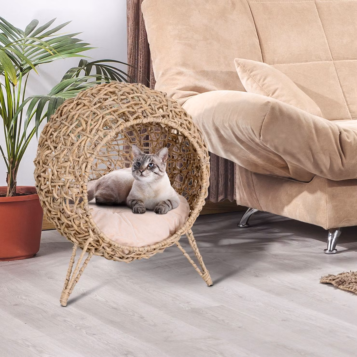 Cuccia rialzata per gatti PawHut Aosom in rattan PE color marrone, diametro 52 cm, altezza 58 cm – 2