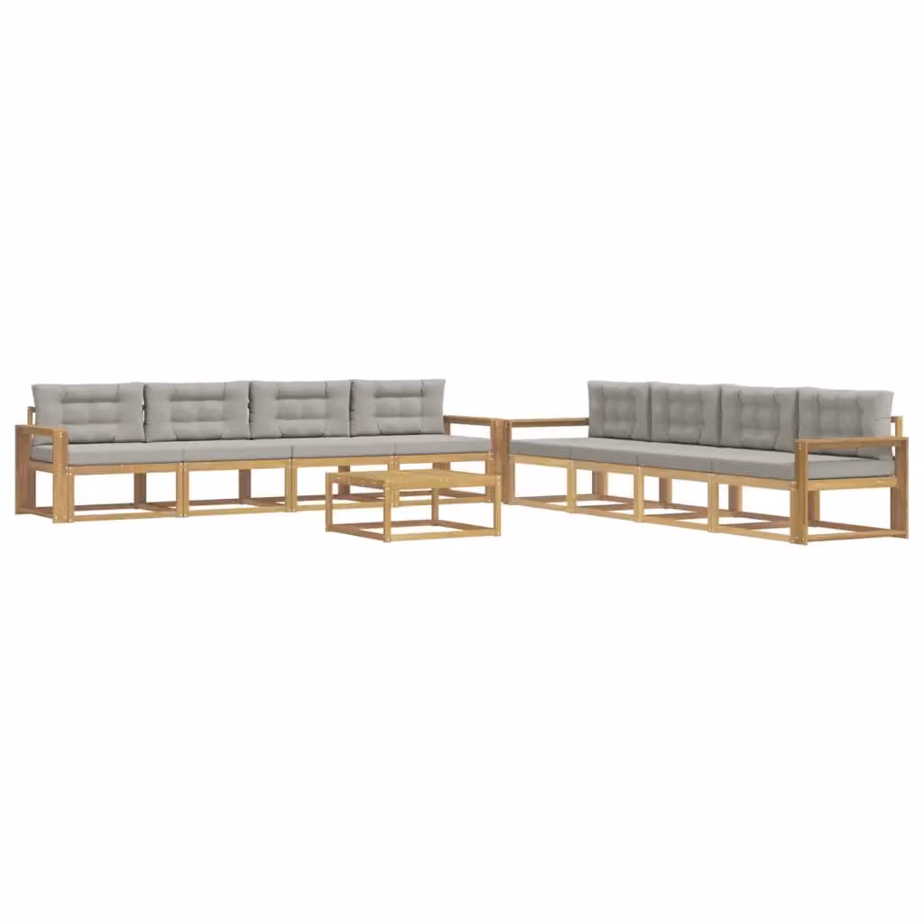 Set di divani da esterno a forma di U vidaXL composto da 9 pezzi con tavolino da caffè, in legno di acacia trattato e tessuto bianco e grigio – 2