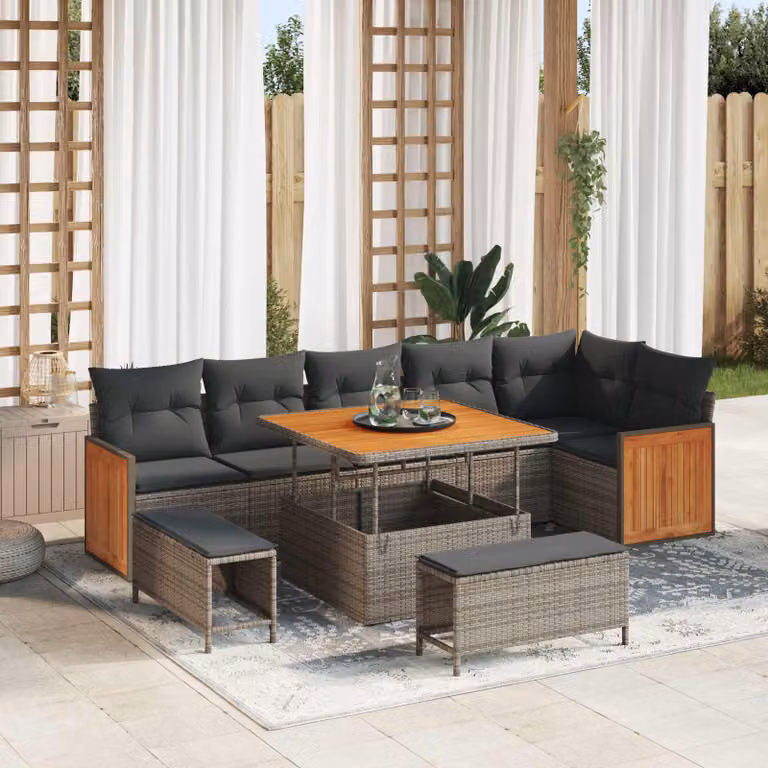 Set Divano da Giardino vidaXL 9 Posti a Forma di L con Tavolino e Pouf Grigio