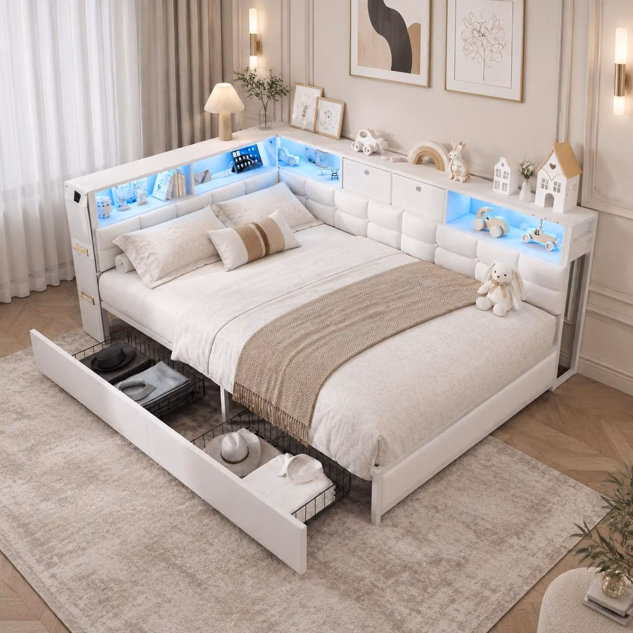 Letto imbottito INONEFT, divano letto 140x200 cm, letto matrimoniale con LED e USB, letto contenitore con testiera e cassetti, letto per ragazzi, struttura letto, tessuto in lino, colore bianco
