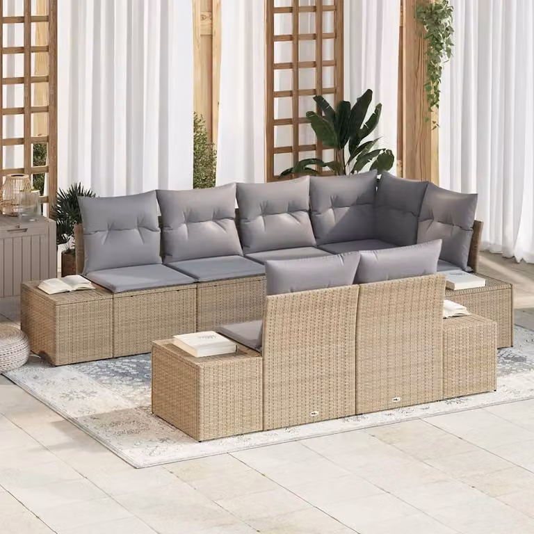 Set Divano da Giardino vidaXL in Polyrattan 7 Pezzi Beige e Grigio con Cuscini e Copertura Antivento