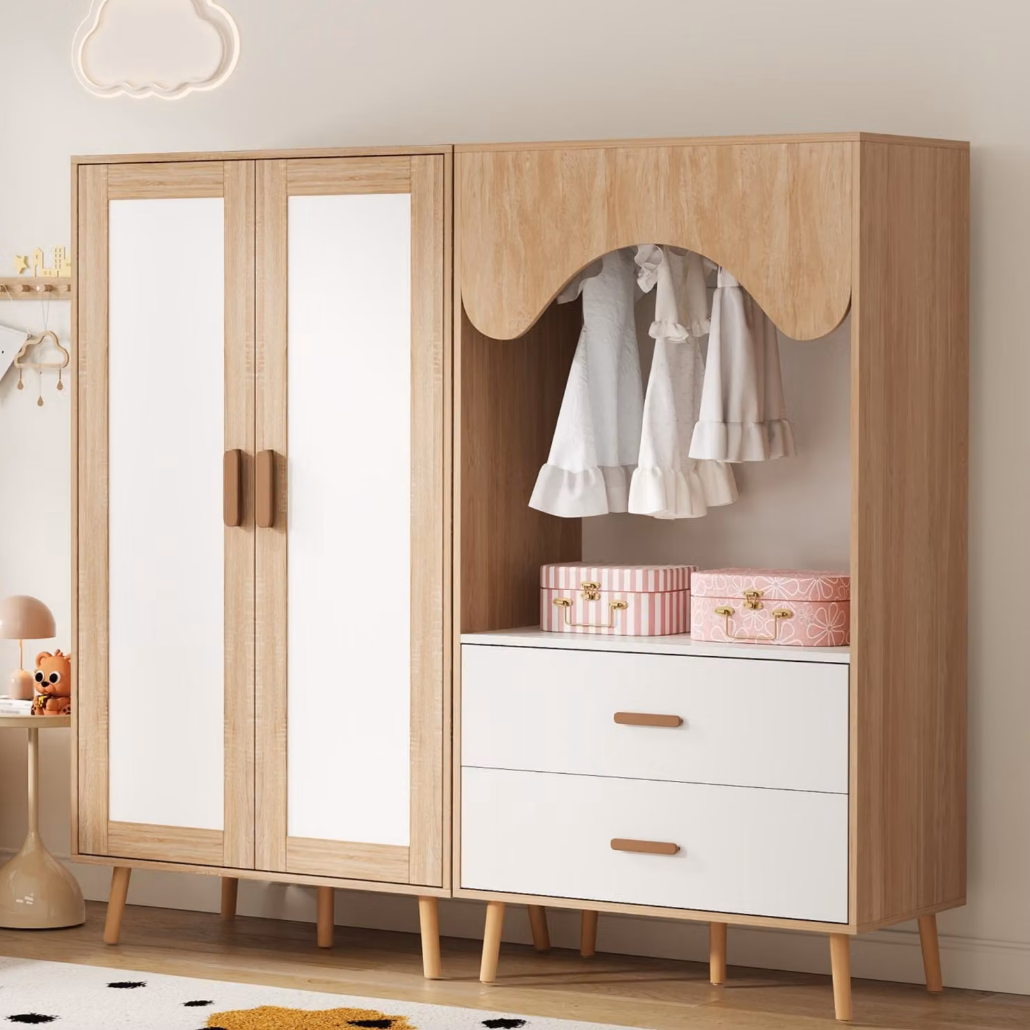 Set di armadi okwish con armadio a due ante e armadio aperto per bambini; mobili per camera da letto; armadio contenitivo con asta appendiabiti e cassetti; ampio spazio di contenimento; finitura naturale+bianco