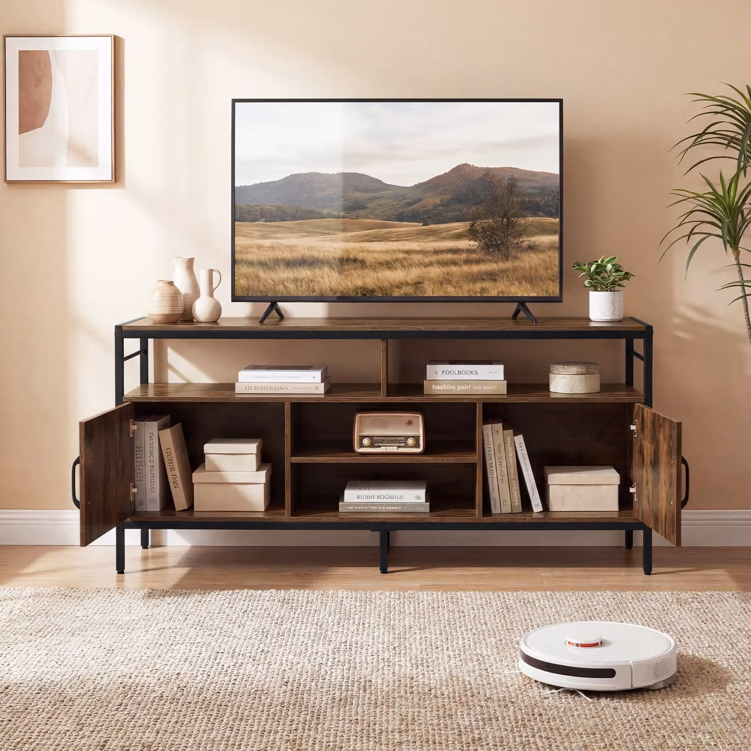 Mobile TV Costway in legno e metallo marrone con 2 armadietti e 4 ripiani aperti per schermi fino a 65 pollici per soggiorno in stile industriale
