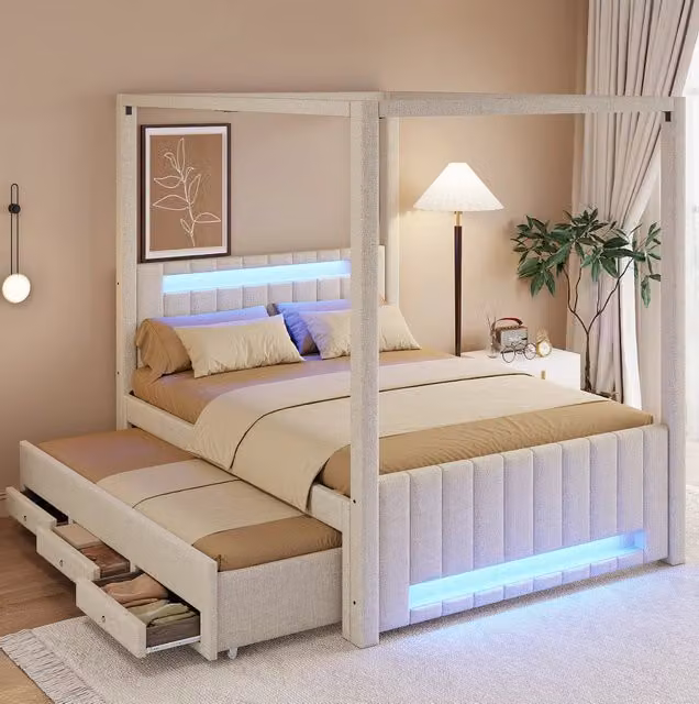 Letto a baldacchino imbottito ULEVR 140x200 cm con letto estraibile, 3 cassetti e LED beige