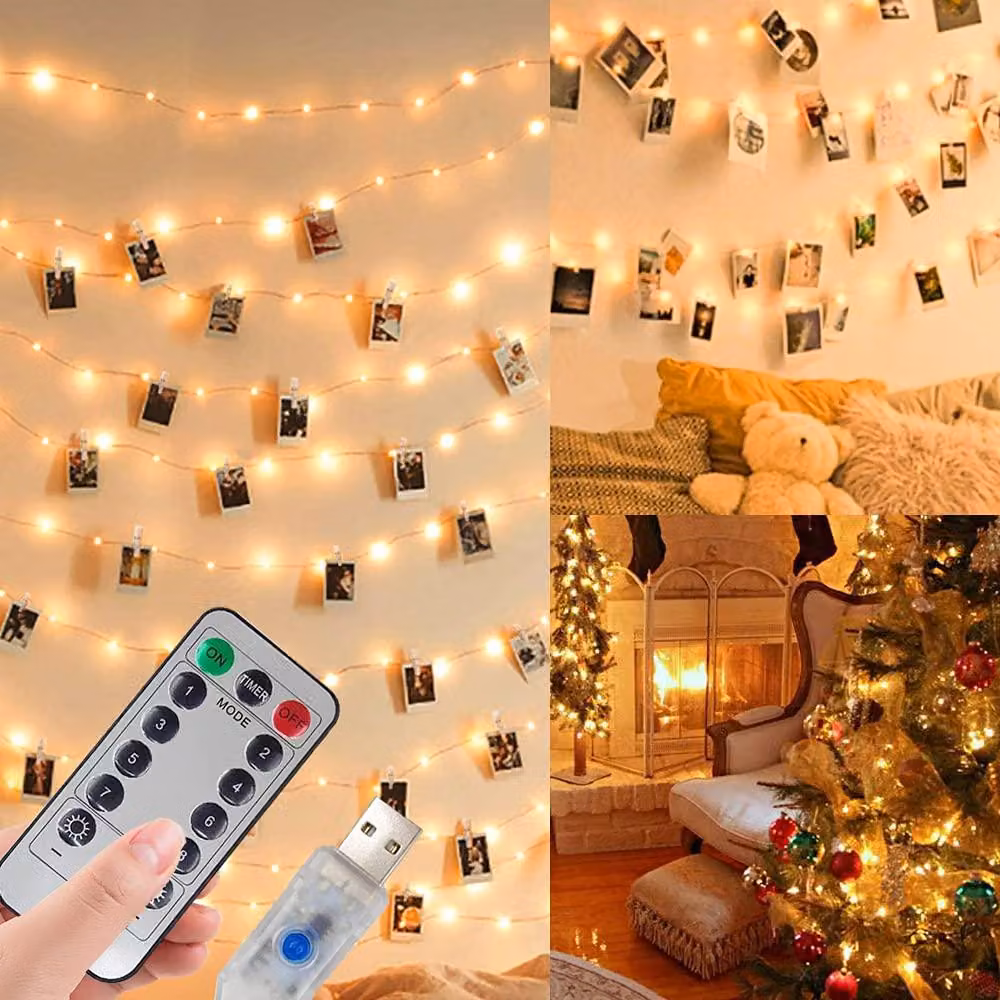 Catena luminosa con 100 LED, lunghezza 10 metri, con clip per foto, luce bianco caldo, telecomando