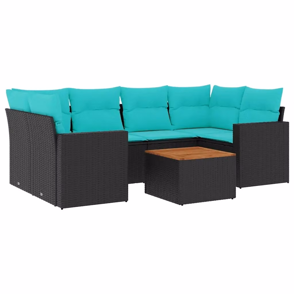 Set di divani da giardino vidaXL a forma di L composto da 7 pezzi in polyrattan con cuscini inclusi e tavolino da esterno, colore nero e blu turchese – 2
