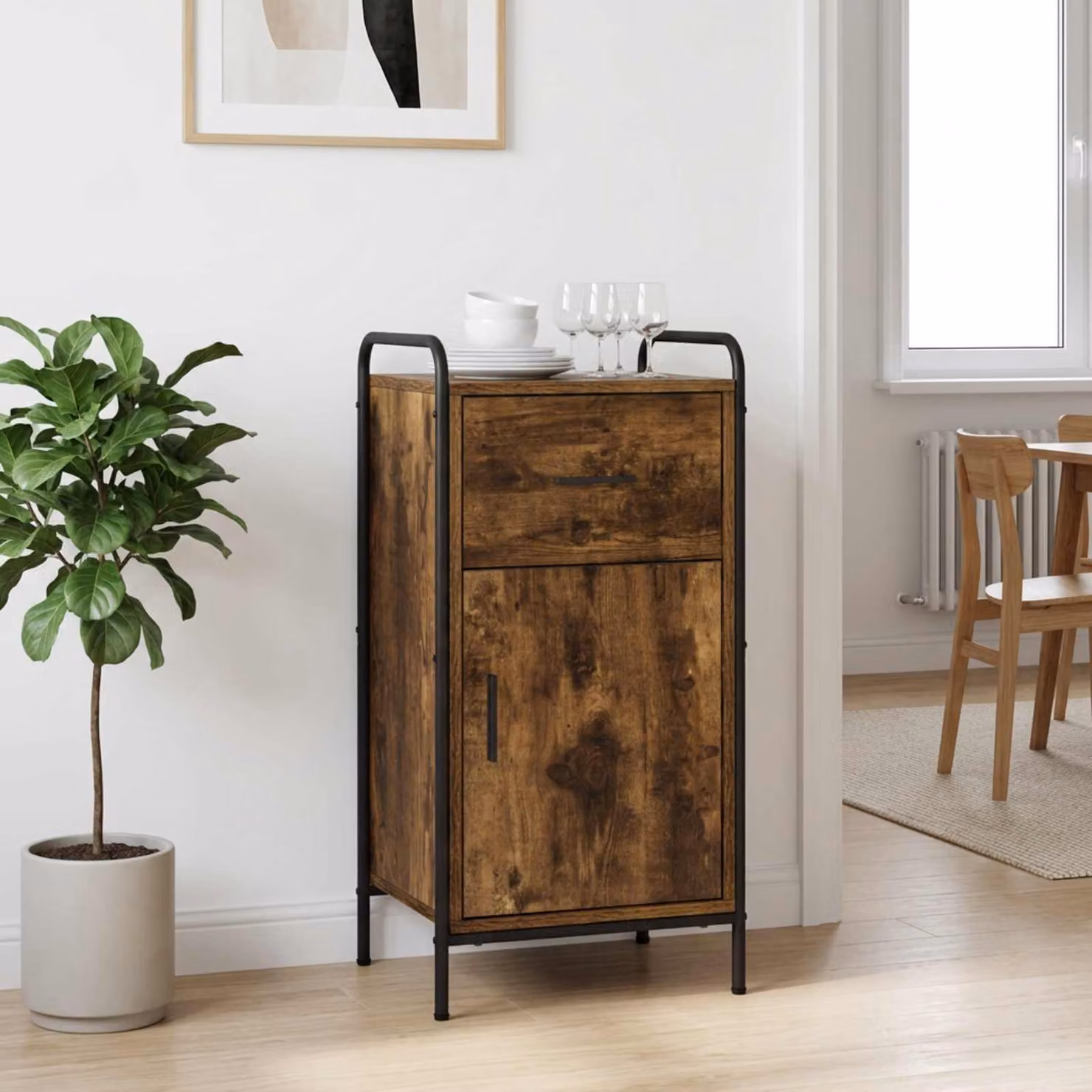 Credenza moderna vidaXL in legno ingegnerizzato e metallo, colore rovere fumo, L 97 x P 33 x H 81 cm