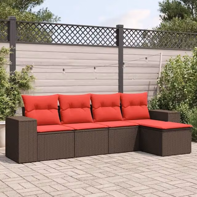 Set Divani da Giardino 5 pz con Cuscini Marrone in Polyrattan 3222493