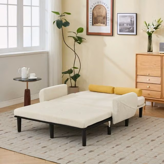 Divano letto con braccioli in velluto - Zephmum- Colore avorio, relax e spazio di archiviazione
