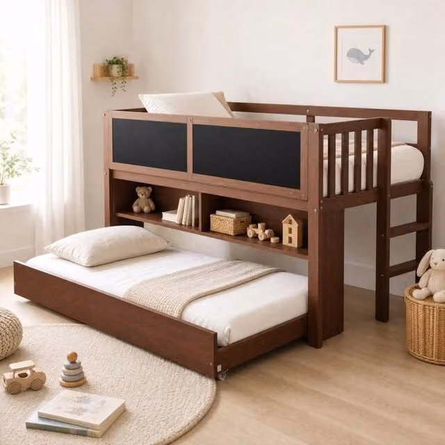 Letto per bambini 90x200 cm con letto estraibile; lavagna e ripiani aperti marrone