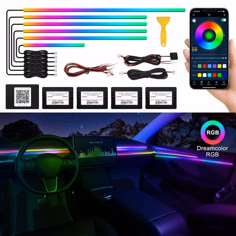 Illuminazione interna per auto a LED, tecnologia RGB, effetto "dreamcolor", 6 colori in 1, dimensioni 175 pollici, 593 LED, controllo tramite app, attivazione tramite suono
