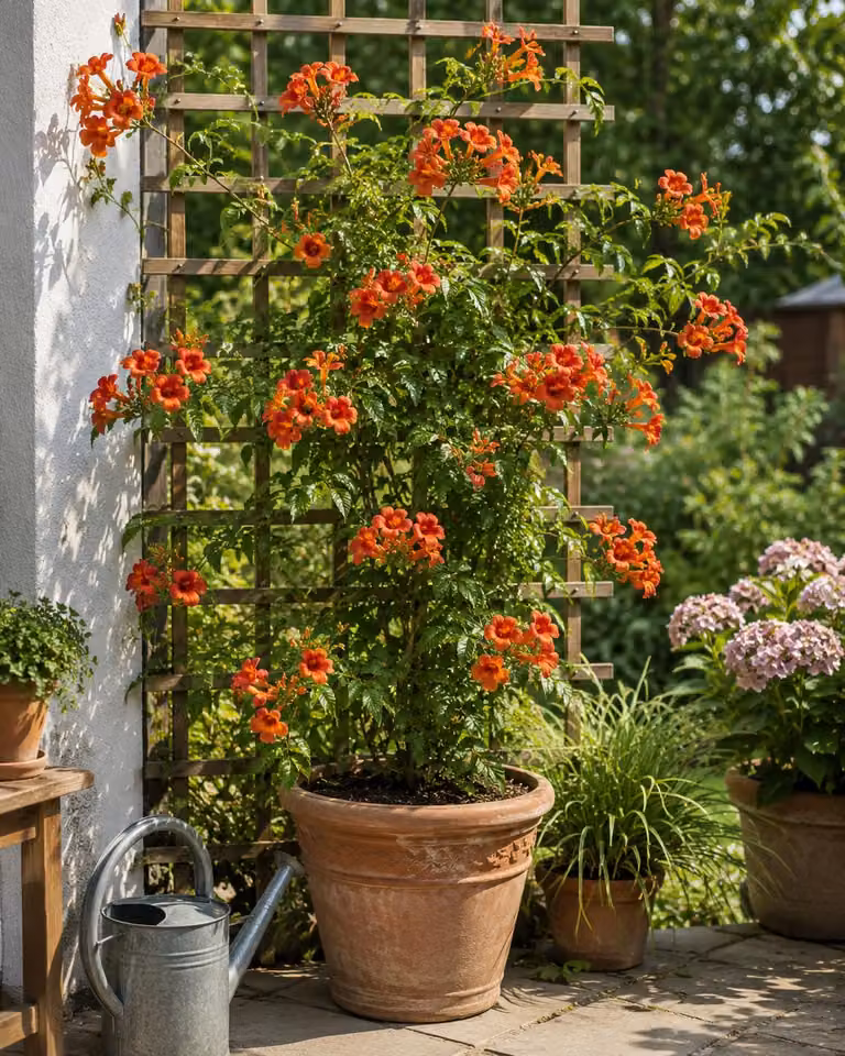 Campsis 'Indian Summer' 50–70 cm – Trombetta di angelo – Pianta rampicante resistente al freddo – Fiori arancioni – Adatta per giardino, terrazzo e con supporto per rampicanti