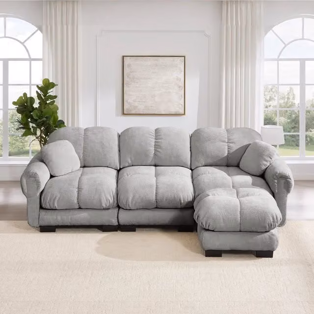 Divano angolare a 3 posti MIVRAY in tessuto grigio con ottomana coordinata e sedute imbottite per soggiorno, L/P/H: 260 x 90 x 149 cm