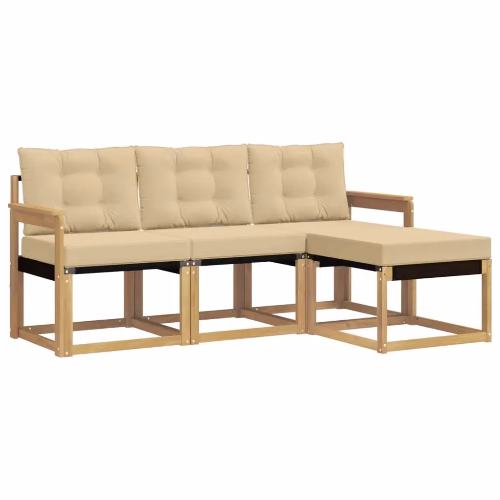 Set di divani da esterno a L vidaXL in legno di acacia con pouf e cuscini, Bianco e Beige – 2