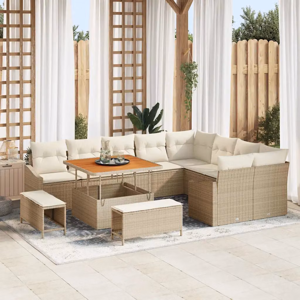 Set Divano da Giardino vidaXL 12 Pezzi in Polyrattan Beige con Cuscini e Tavolino da Esterno – 1