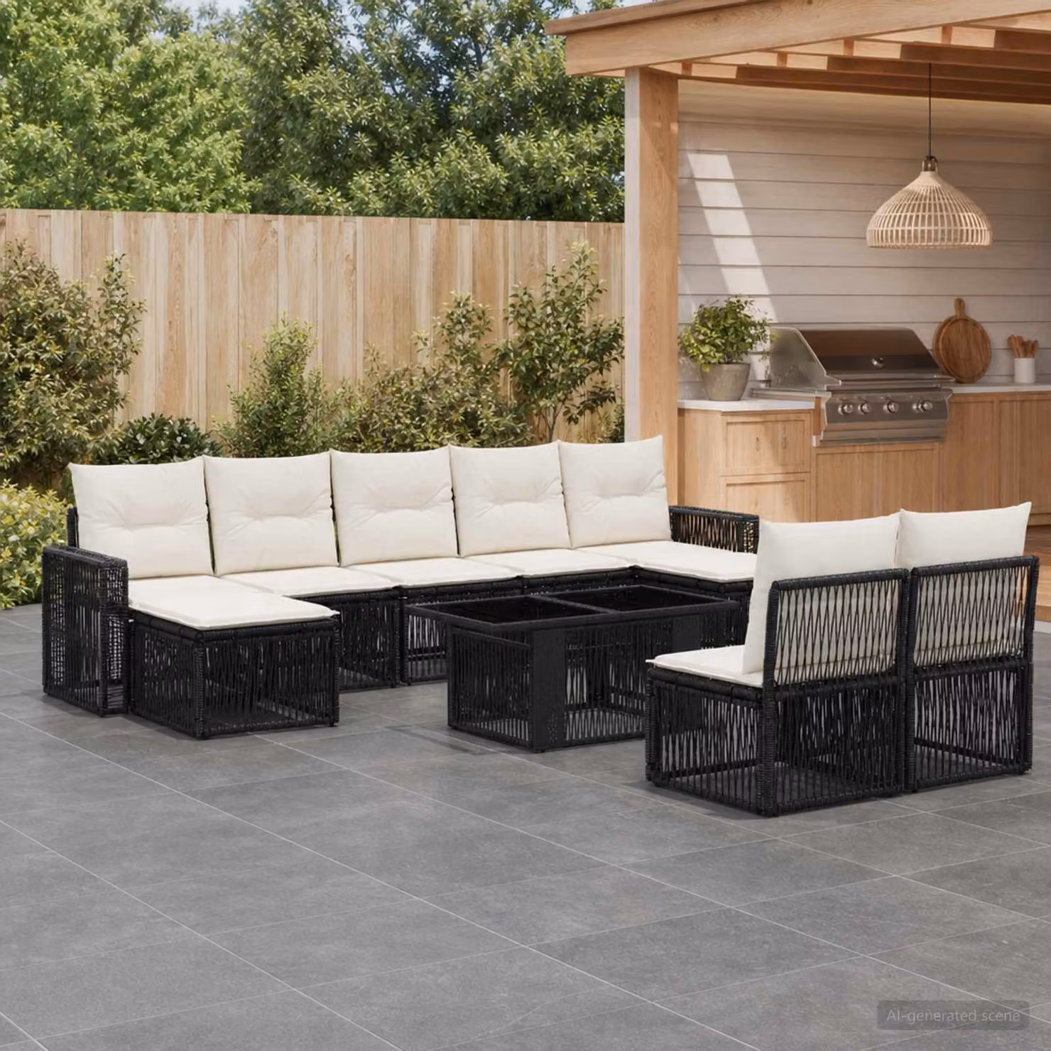 Set Divano da Giardino vidaXL 10 Pezzi in Polyrattan Nero e Bianco Crema