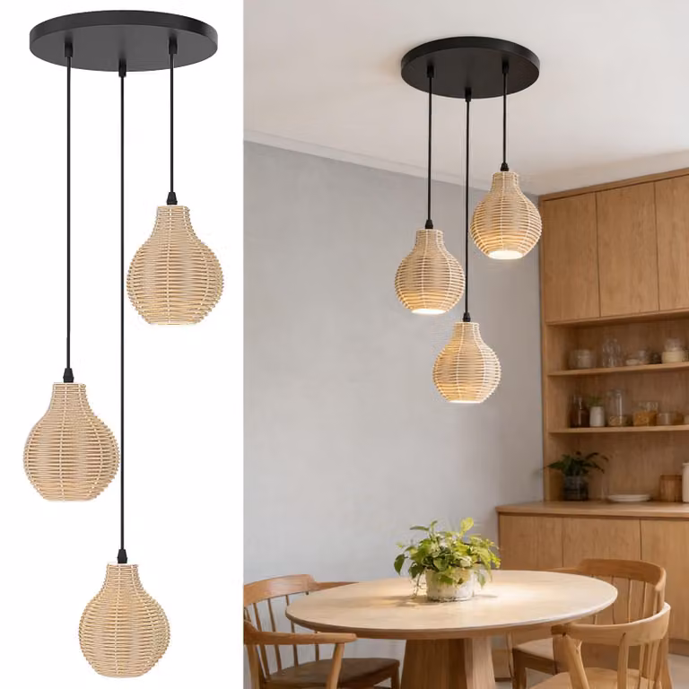 COSTWAY Lampada a sospensione a 3 luci, lampada a sospensione in rattan boho sul tavolo da pranzo, lampadario in vimini naturale intrecciato a mano con altezza regolabile