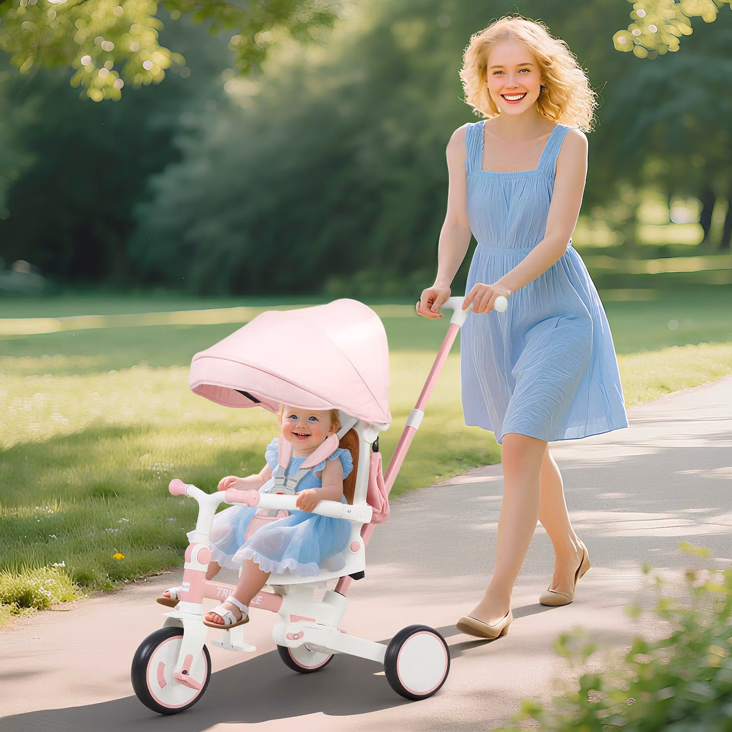 AIYAPLAY Triciclo 5 in 1 per Bambini con Maniglione di Spinta e Capottina Rimovibile, Rosa, L: 96,5 cm, P: 49 cm, H: 101 cm – 2