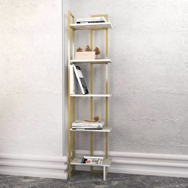 Libreria Giraffa DMORA, Scaffale Moderno per Ufficio e Soggiorno, Bianco e Oro, L: 45 cm, P: 21,6 cm, H: 180 cm