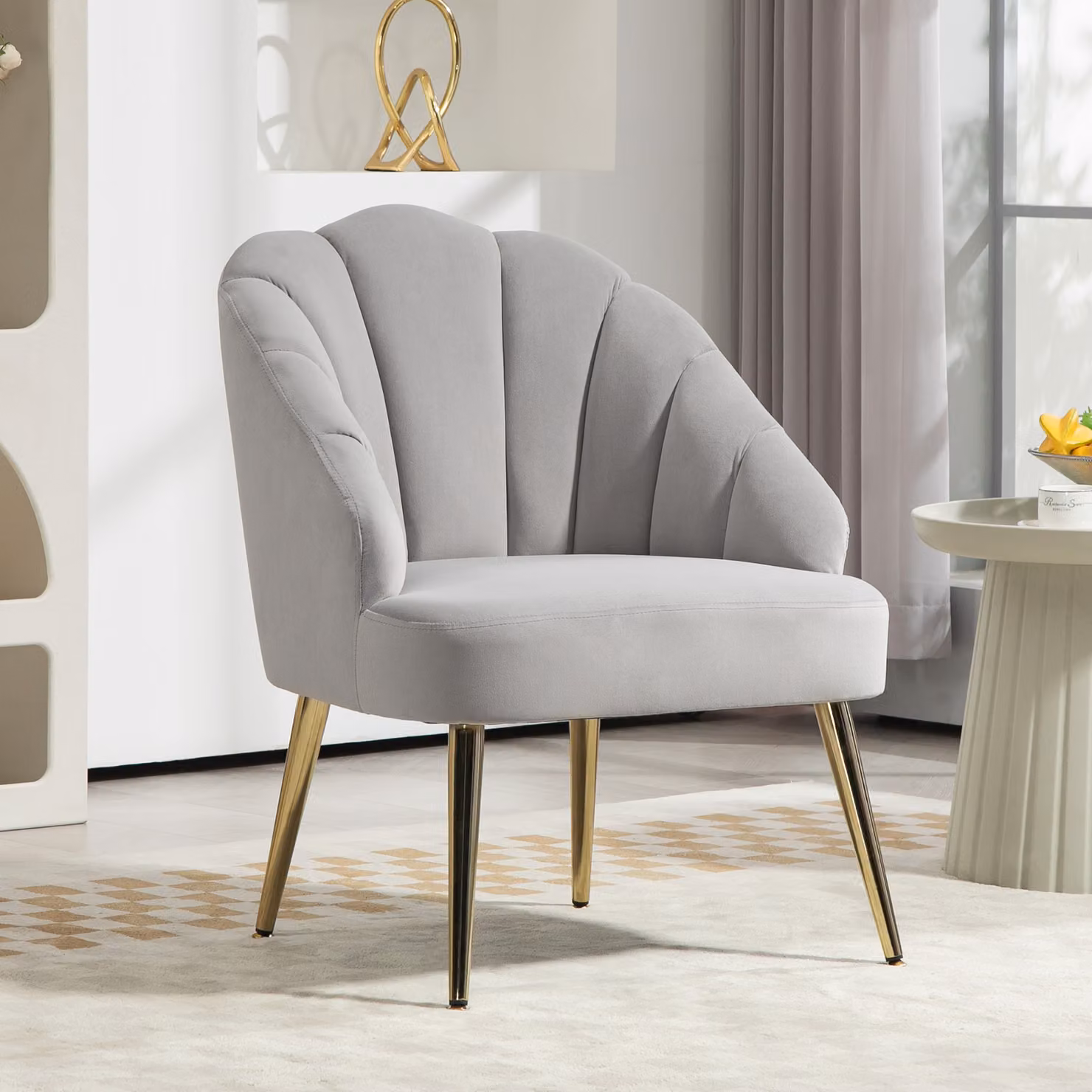 Poltrona HOMCOM in Velluto Grigio con Design a Conchiglia in Stile Art Deco e Gambe in Metallo Oro per Camera e Salotto – 2