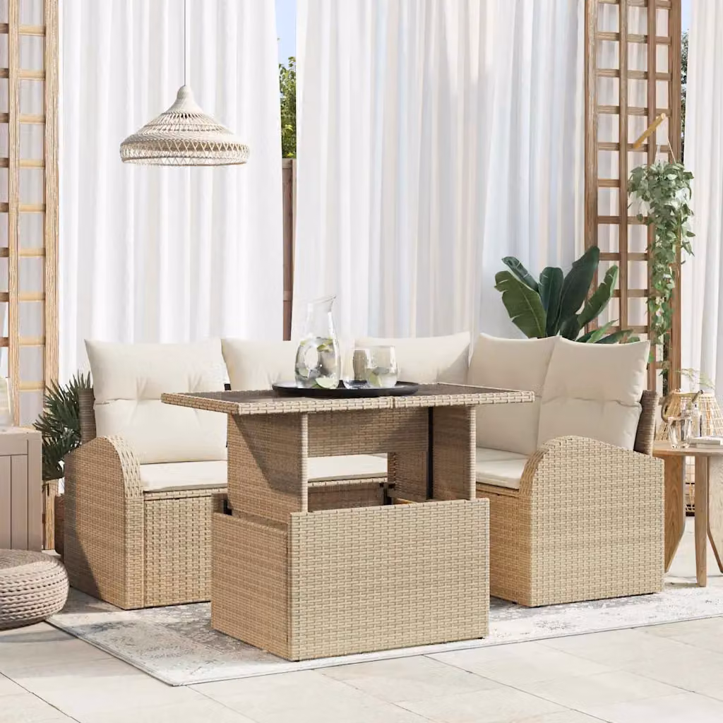 Set Divano da Giardino vidaXL a Forma di L con 5 Pezzi, Colore Beige, in Rattan e Metallo con Cuscini Inclusi – 1