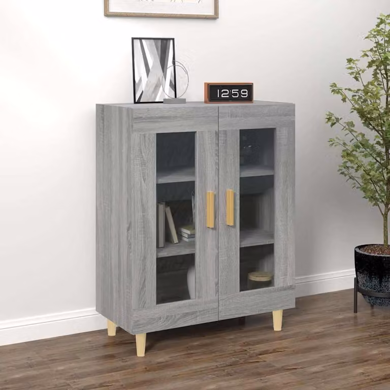 Credenza vidaXL in Legno Multistrato e MDF Grigio con Vetro, Stile Minimalista, L: 69,5 cm, P: 34 cm, H: 90 cm