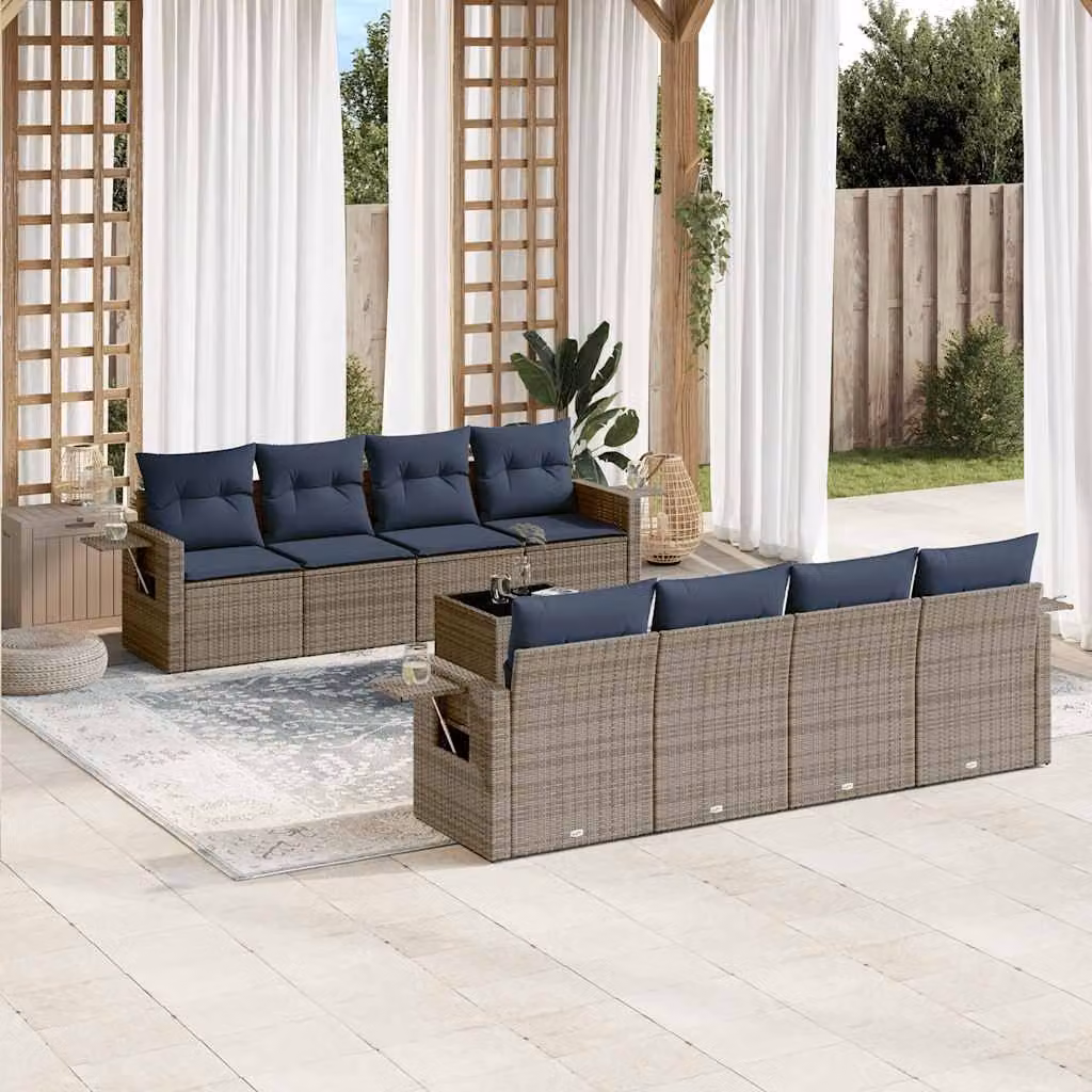 Set di divani da giardino vidaXL in polyrattan 9 pezzi con cuscini e tavolino da esterno, colore grigio e blu, design moderno a L con struttura in metallo e coperture rimovibili
