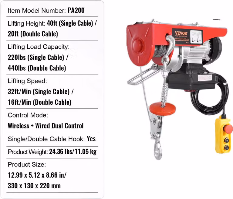 Martinetto elettrico ad argano, capacità di carico di 200 kg, altezza di sollevamento di 12 m, comando wireless e via cavo, 440 libbre