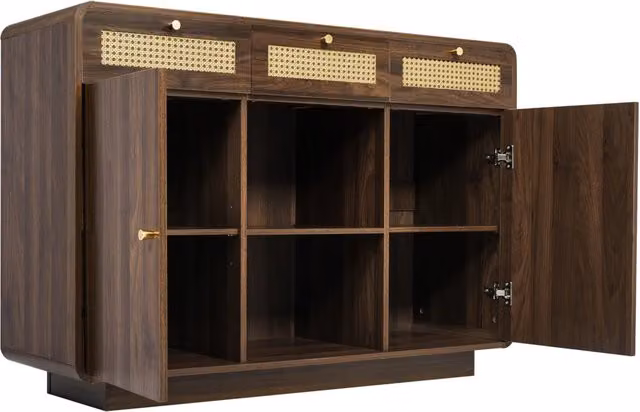 Sideboard 120 cm noce con 3 cassetti in rattan, 2 armadietti e mensola aperta, ripiani regolabili in altezza