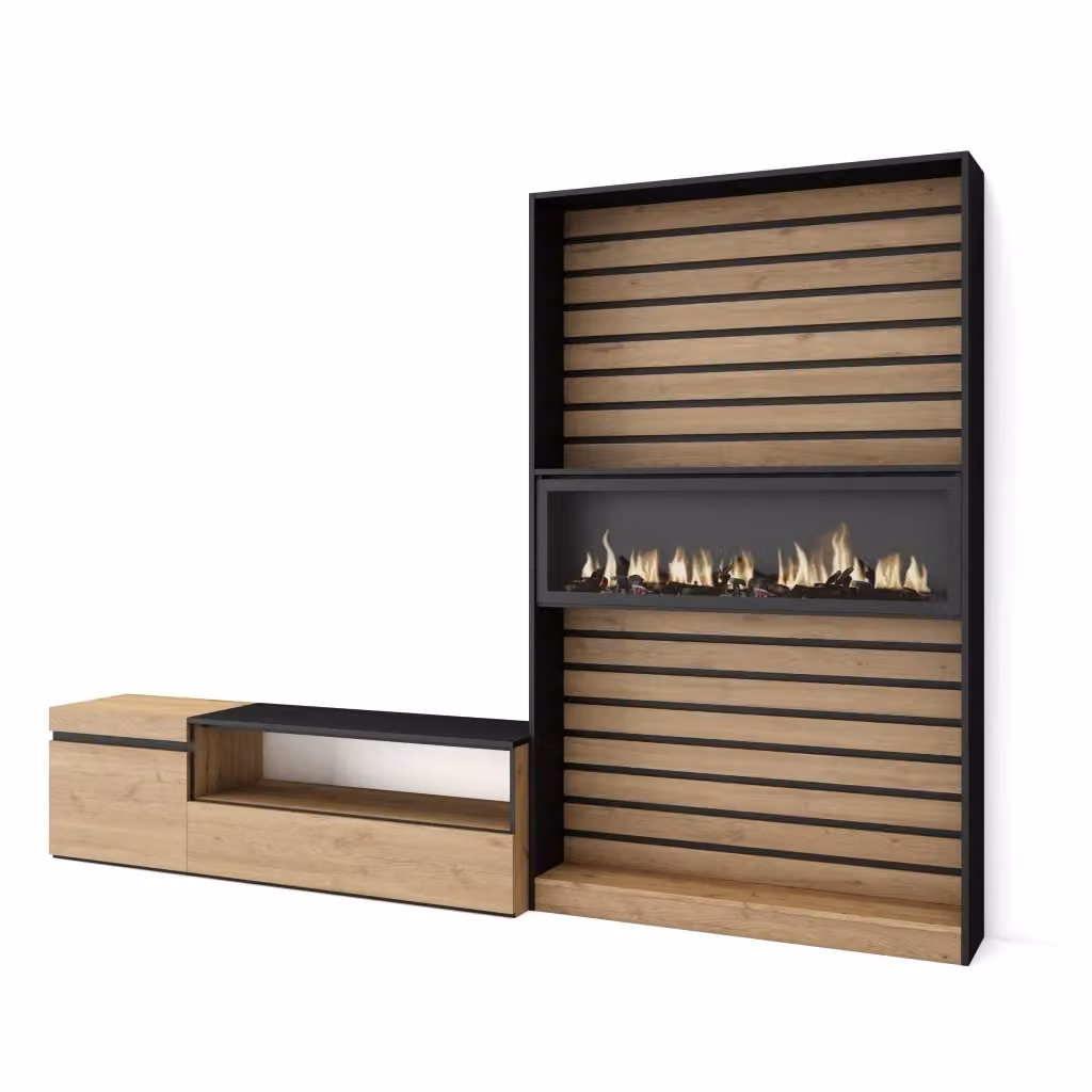 Mobile TV da soggiorno SKRAUT HOME con camino elettrico per TV fino a 65 pollici, colore Rovere e nero, L 260 cm x P 35 cm x H 186 cm – 2