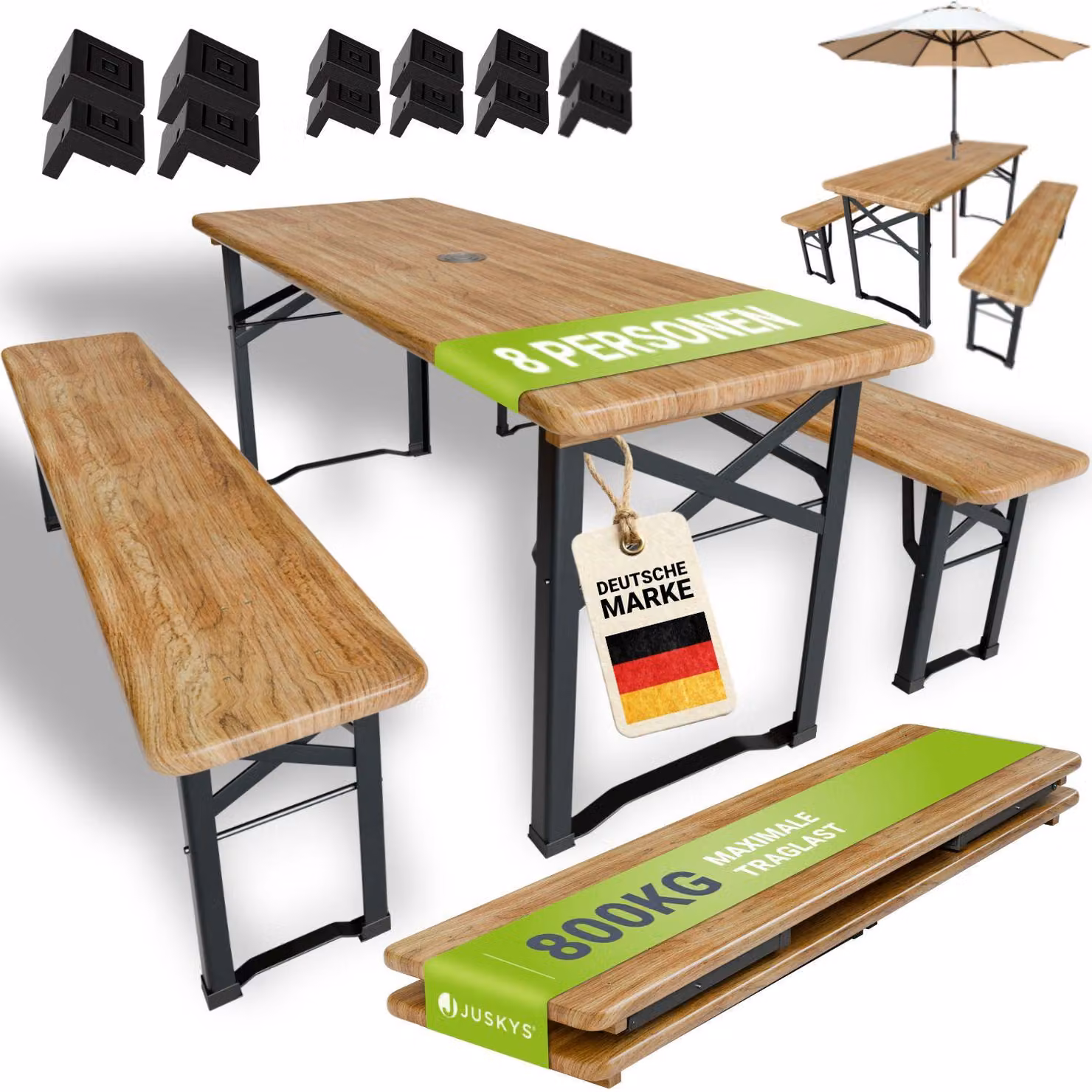 Set tenda da birra Juskys Bichl 3 pezzi pieghevole - tavolo da birra + 2 panche da birra - legno