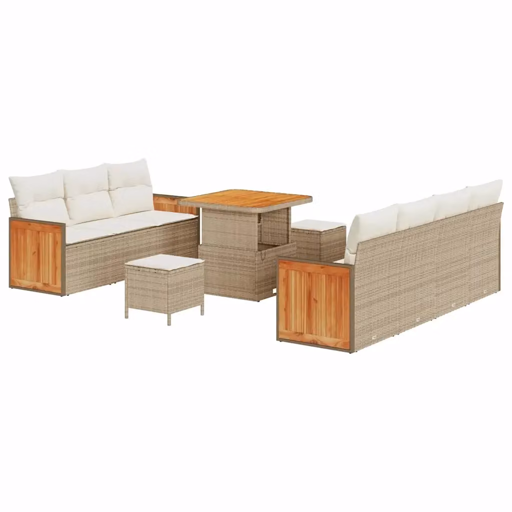 Set da giardino moderno vidaXL composto da 10 pezzi con divano a 3 posti, tavolino da caffè e pouf in colore beige con struttura in acciaio e legno di acacia – 2