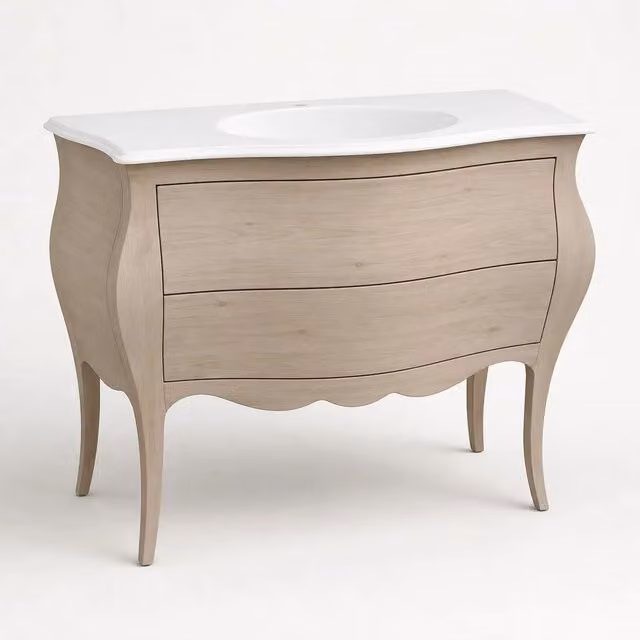 Mobile bagno bombato con 2 cassetti Mobili 2G in legno grezzo L: 108 cm, P: 55 cm, H: 82 cm – 1